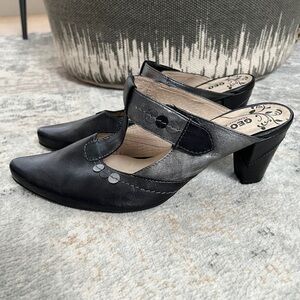 GEO REINO Pointy Toe T-Strap Mary Jane Heeled Mules Adjustable Strap Metallic
